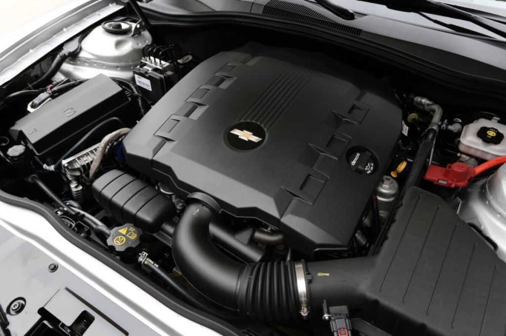 A GM 3.6L V6 shows off its intake and valve covers. 