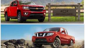 Red 2018 Chevy Colorado and 2018 Nissan Frontier midsize pickup trucks parked outside