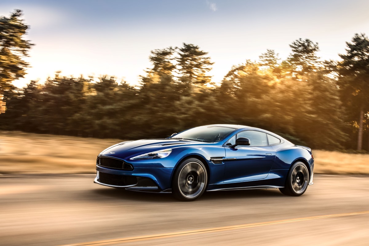2019 Aston Martin Vanquish in blue on an autumn drive