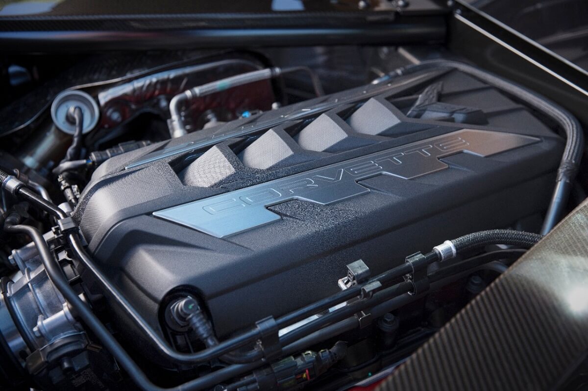A C8 Chevrolet Corvette shows off its LT2 V8 engine.