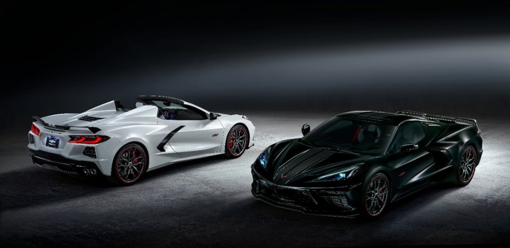 A set of white and black 2023 Chevrolet Corvette 70th Anniversary Edition models show off their color schemes.