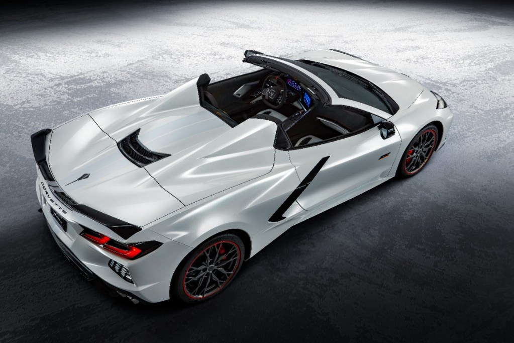 A white and black 2023 Chevrolet Corvette 70th Anniversary Edition shows off its rear-end styling.