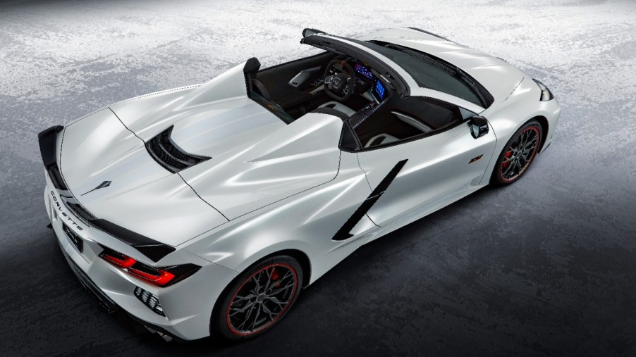 A white and black 2023 Chevrolet Corvette 70th Anniversary Edition shows off its rear-end styling.