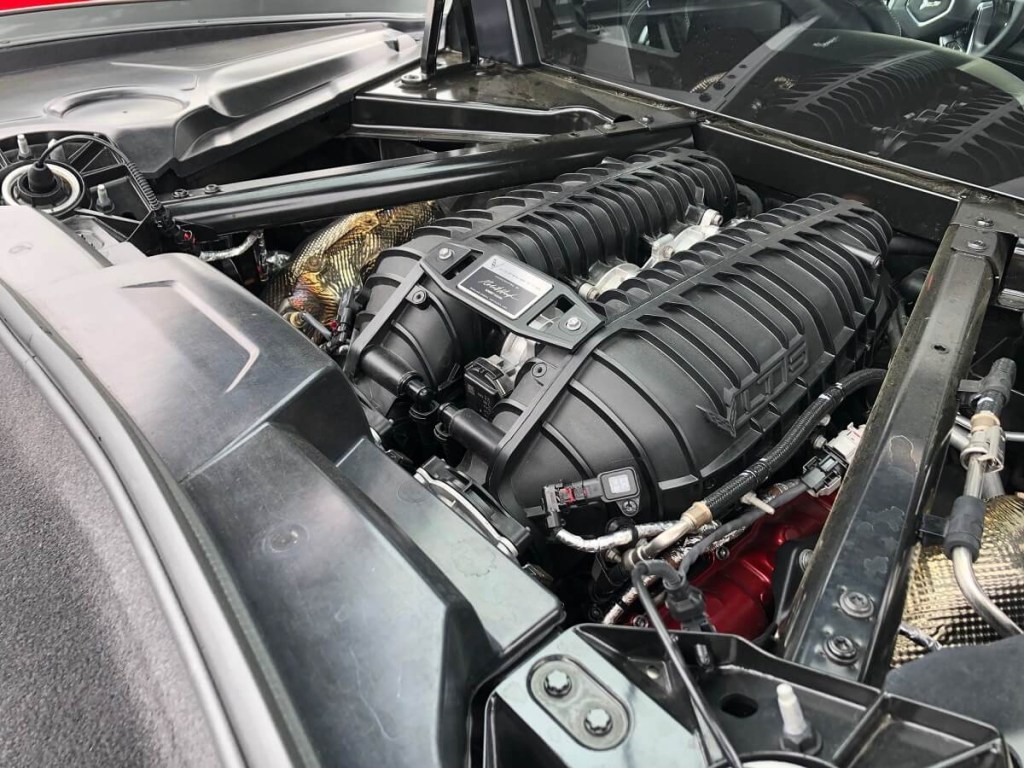 A 2023 Chevrolet Corvette Z06 shows off its flat-plane 5.5L LT6 V8.