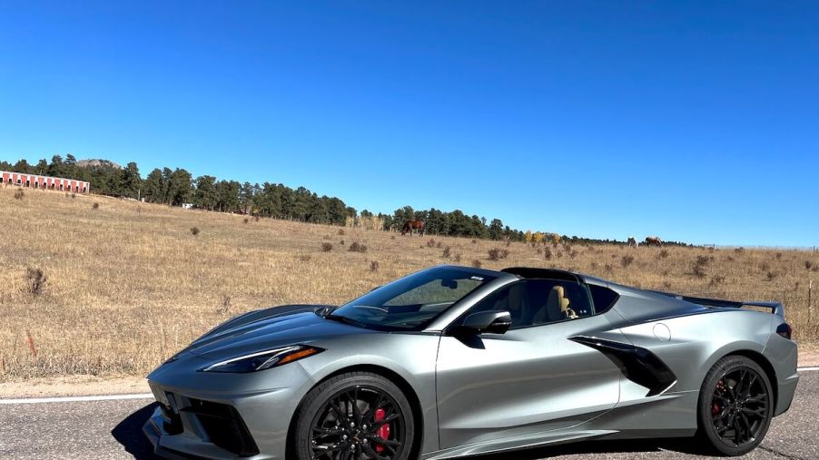 2023 Chevy Corvette front corner angle on an empty road