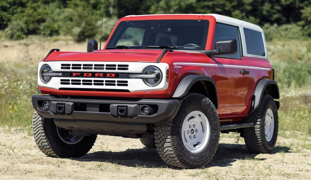 A red 2023 Ford Bronco Heritage Edition retro-styled two-door SUV