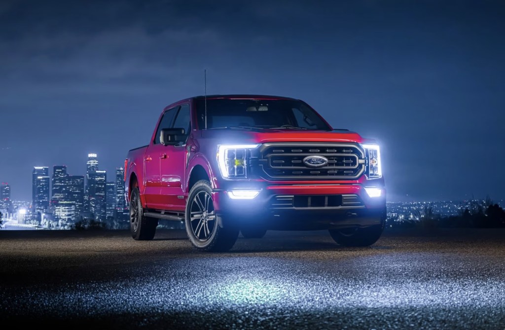 The 2023 Ford F-150 Hybrid parked at night 