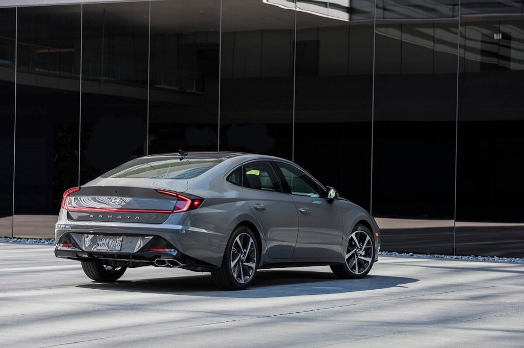 A gray 2023 Hyundai Sonata shows off its rear-end styling.