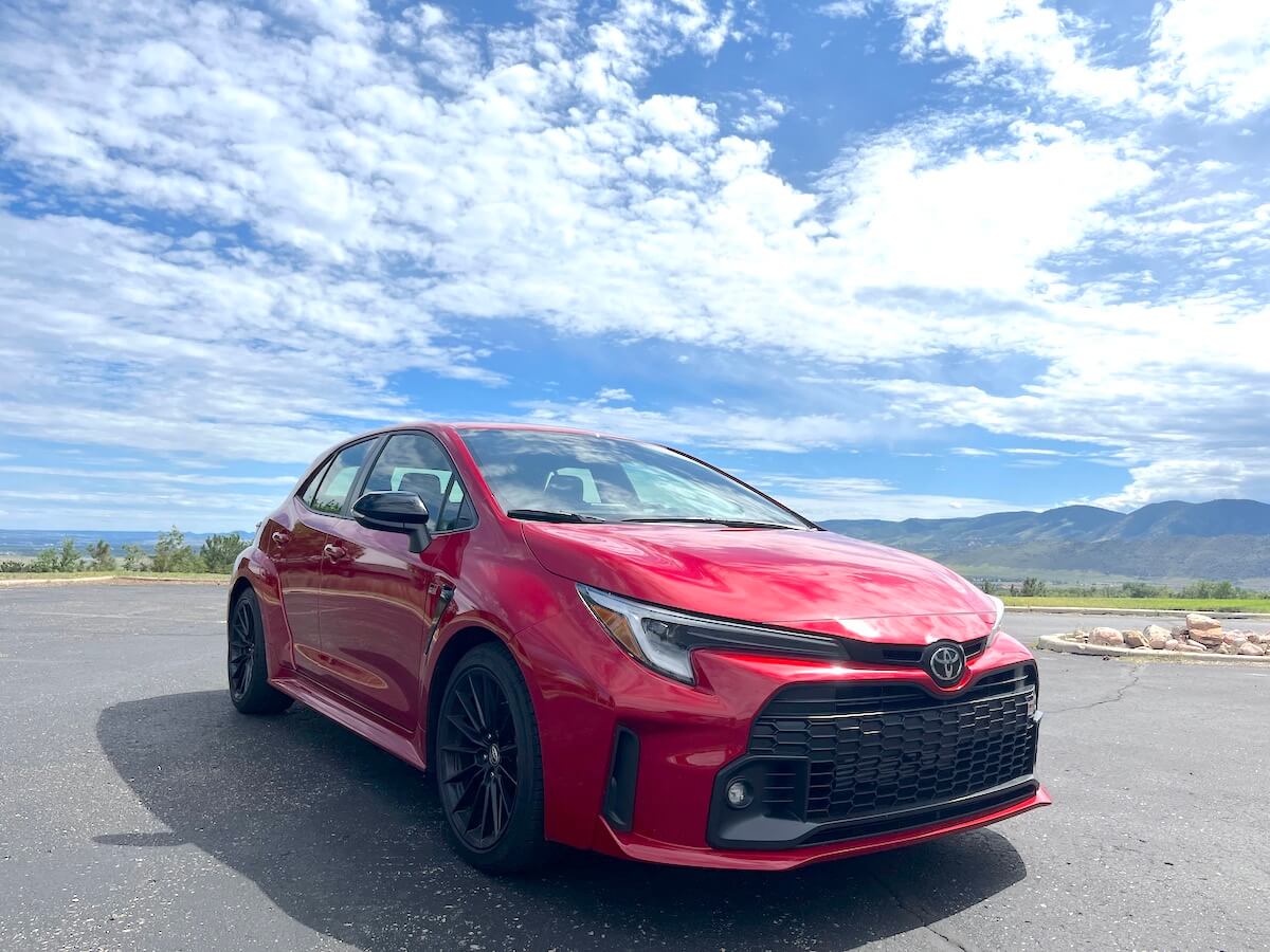 A front corner view of the 2023 Toyota GR Corolla