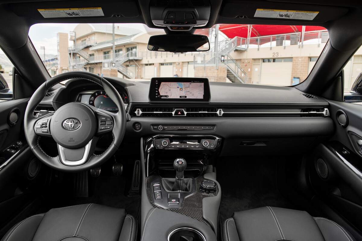 The cockpit of a 2023 Toyota GR Supra 3.0 Premium trim