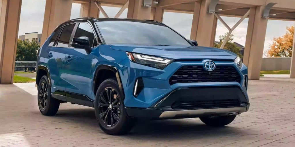 A blue 2023 Toyota RAV4 Hybrid is one of the cheapest in its class.