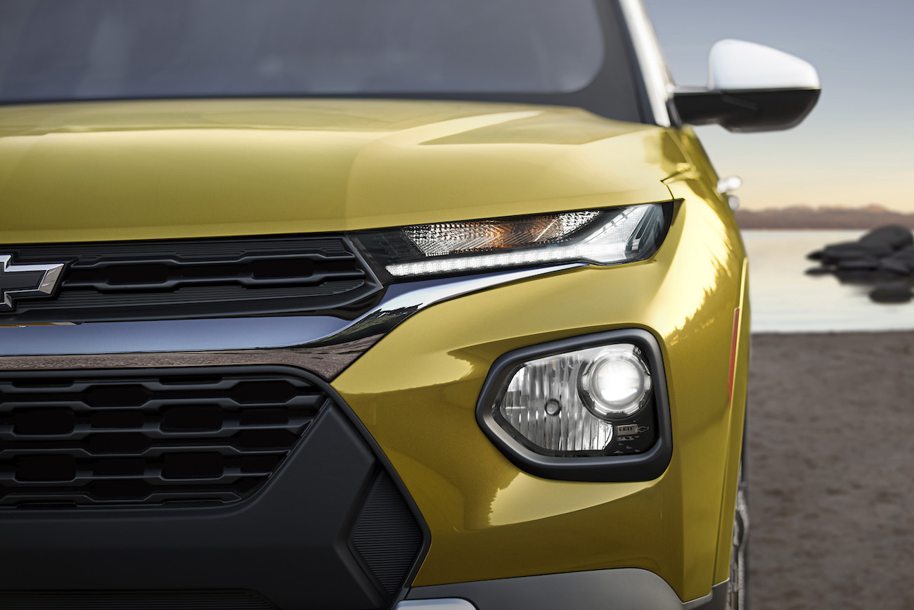 The popular 2023 Chevy Trailblazer's front grille in Nitro Yellow. Several other Chevy models are outselling the Trailblazer so far this year.
