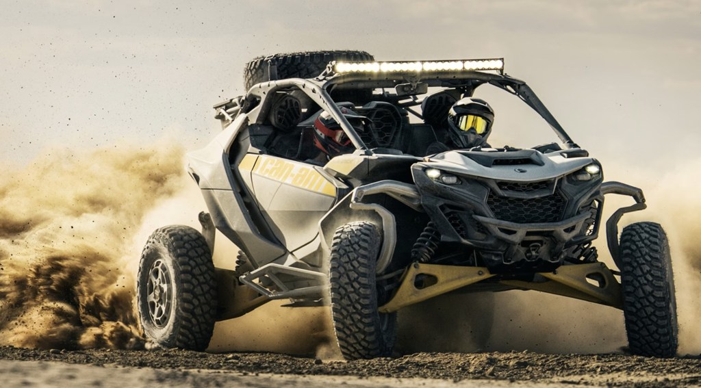 The 2024 Cam-Am Maverick R off-roading in the desert