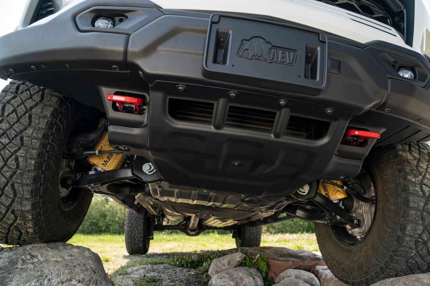 The skidplates and underside of a Chevrolet Colorado ZR2 pickup truck.
