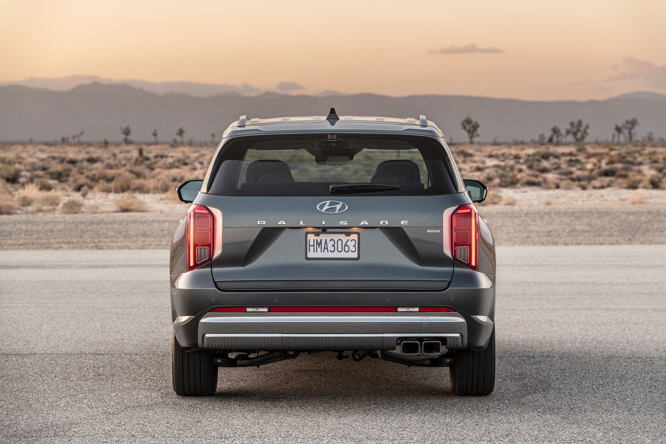 The rear of a gray 2024 Hyundai Palisade in the desert. The 2024 Hyundai Palisade's price might be a sticking point when fully loaded.