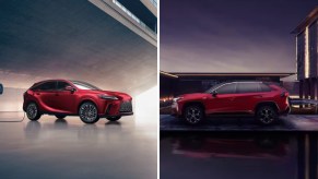 A red 2024 Lexus RX 450h+ (L), a red 2023 Toyota RAV4 Prime (R).