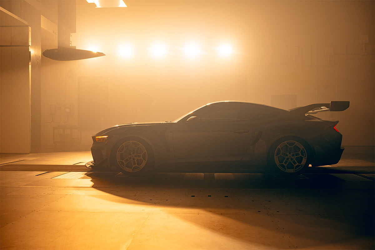 Side profile view of the 2024 Ford Mustang GTD sitting in a wind tunnel