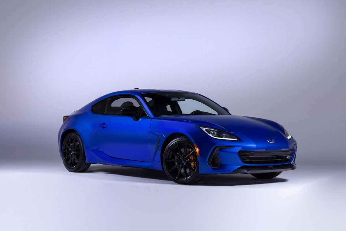 Front 3/4 shot of blue 2024 Subaru BRZ tS special edition