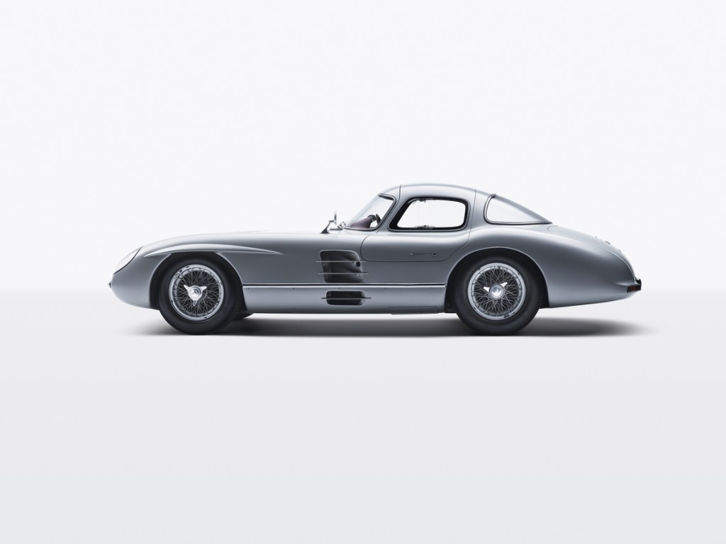 Side profile view of 1955 Mercedes 300 SLR Uhlenhaut Coupe, the most expensive car ever sold in the world