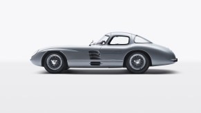 Side profile view of 1955 Mercedes 300 SLR Uhlenhaut Coupe, the most expensive car ever sold in the world