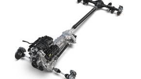 Isolated Ram 1500 powertrain with a 5.7-liter Hemi V8 and 8-speed ZF transmission set against a white background.