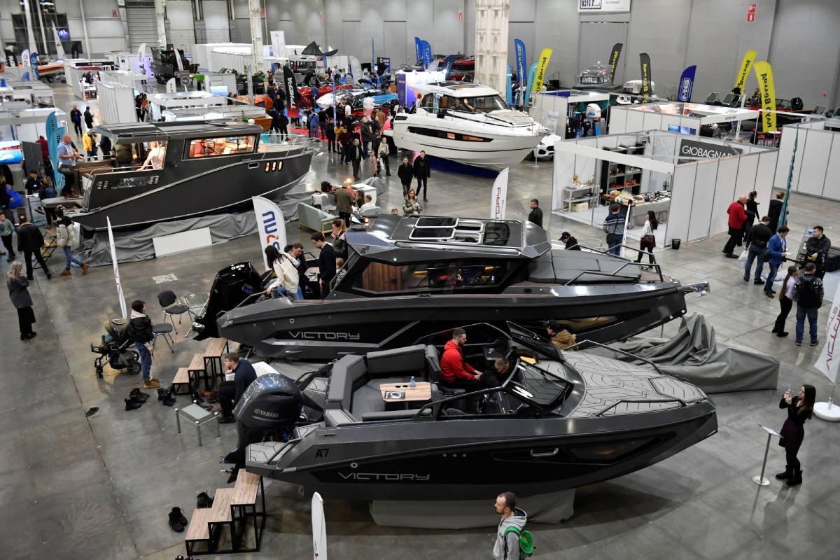Boats on display at a boat show.
