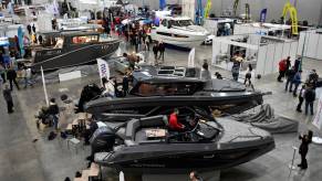 Boats on display at a boat show.