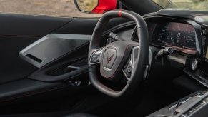 A 2023 Chevrolet Corvette Stingray C8 shows off its controversial squared-off steering wheel.