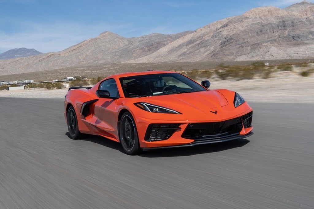 A 2023 Chevrolet Corvette Stingray Z51 drives on a race track.