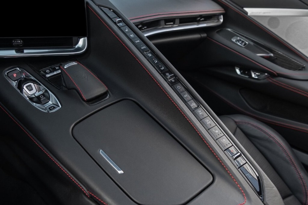 A 2023 Chevrolet Corvette shows off its bank of controls and buttons. 
