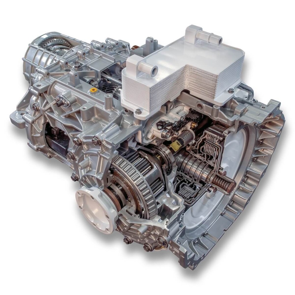 A TREMEC TR-9080 dual-clutch transmission shows off its inner-workings.
