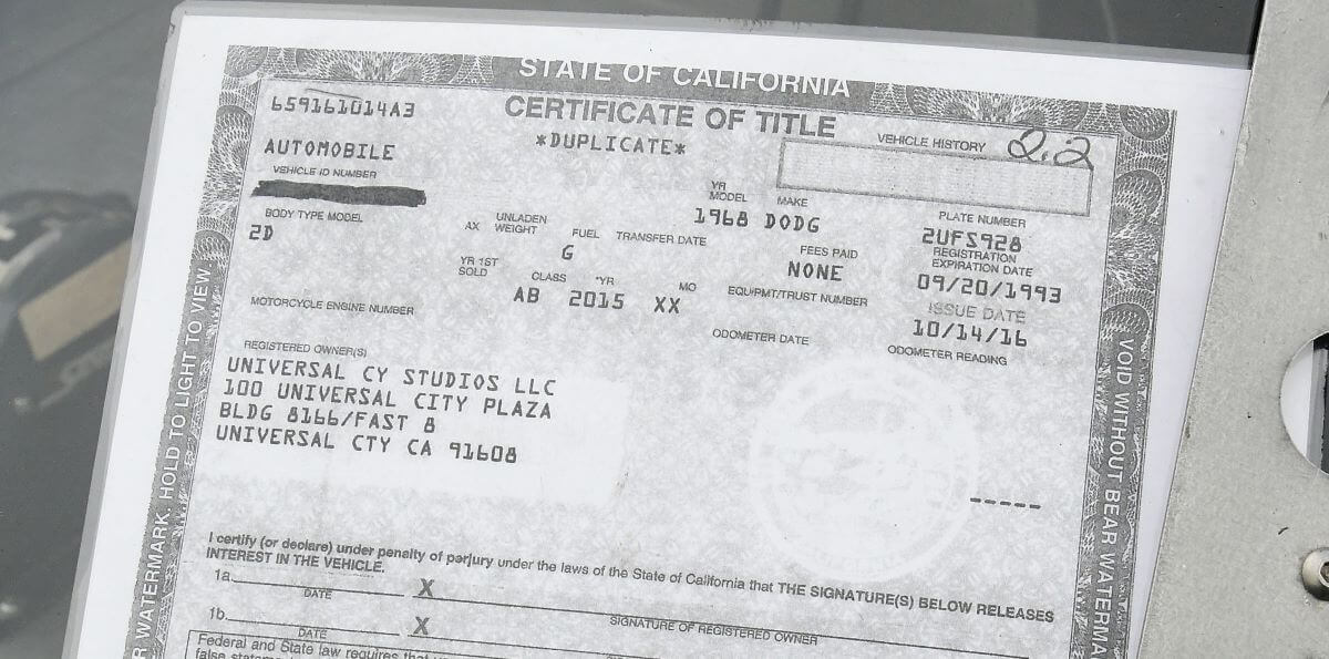 A car certification title from the State of California from 'Fast & Furious 8' at FuelFest Japan