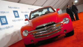 A red Chevy SSR parked at a General Motors press event, the SSR is among the weirdest cars GM ever made