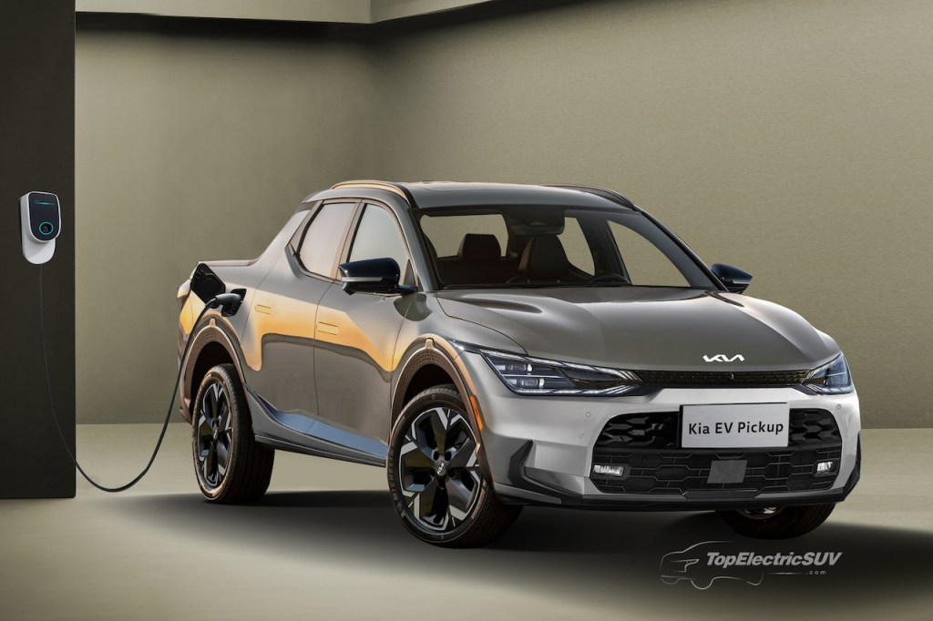 A rendering of an electric Kia truck charging