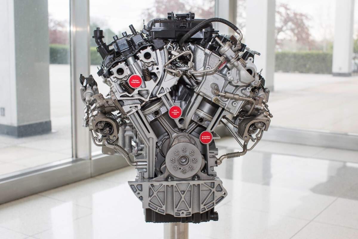 2nd-gen Ford 3.5-liter EcoBoost V6 engine on a pedestal