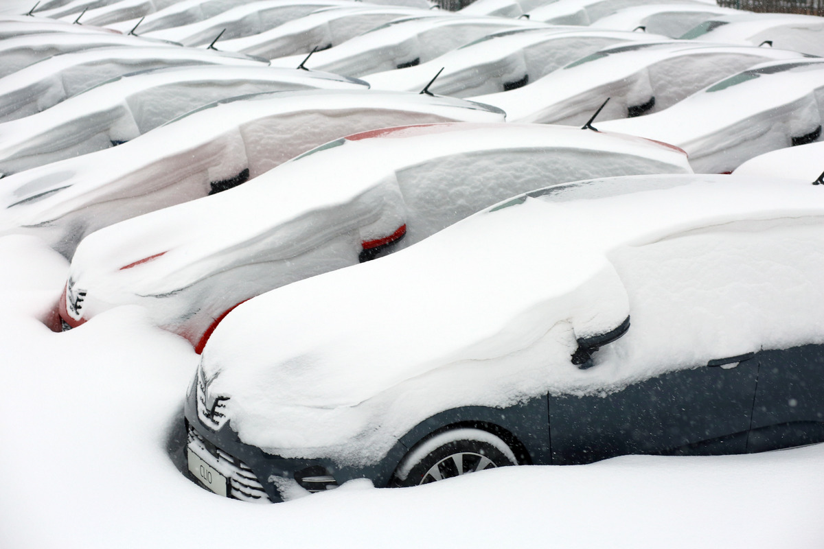 Cars for sale buried in snow in the winter