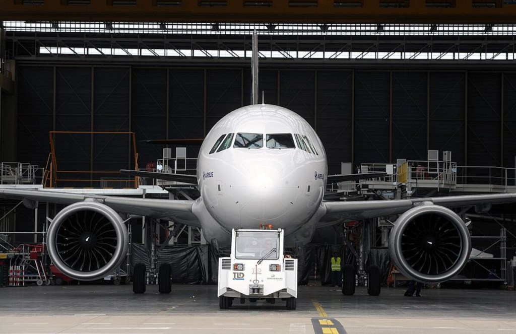 Airbus A320neo airplane in hangar