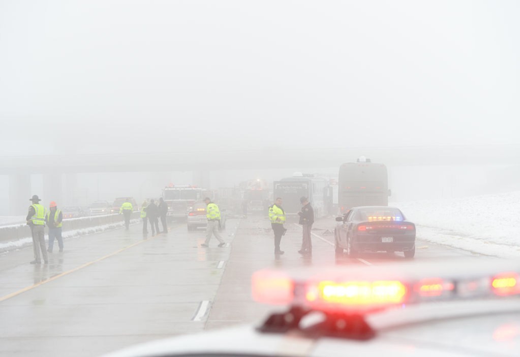 Dense fog results in a highway pileup in Aurora, Colorado