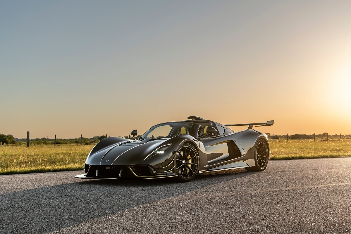 The Hennessey Venom F5 Revolution Roadster shows off its front-end styling.