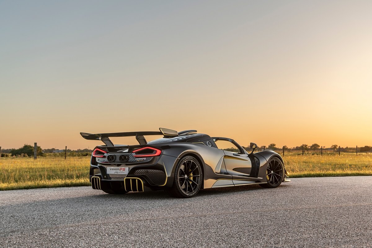 The Hennessey Venom F5 Revolution Roadster shows off its rear-end styling.