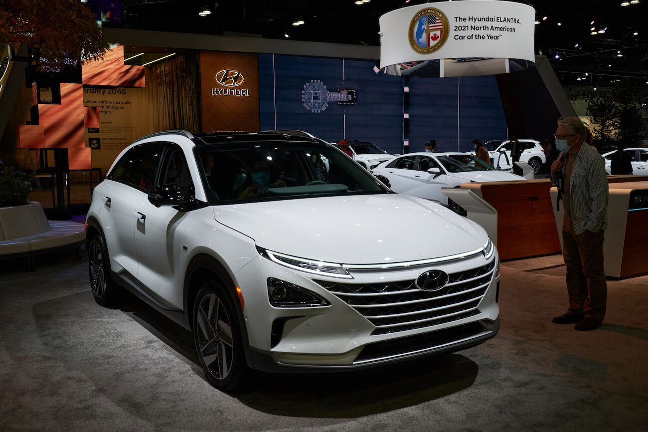 White Hyundai Nexo on display at the Los Angeles Auto Show. The Hyundai Nexo's price gets high up in the highest configuration.