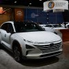 White Hyundai Nexo on display at the Los Angeles Auto Show. The Hyundai Nexo's price gets high up in the highest configuration.