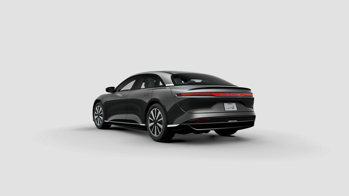 A CG concept of a gray Lucid Air shows off its white paintwork and horizontal light bar.
