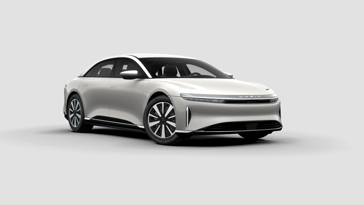 A CG concept of a Lucid Air shows off its white paintwork and horizontal light bar. 