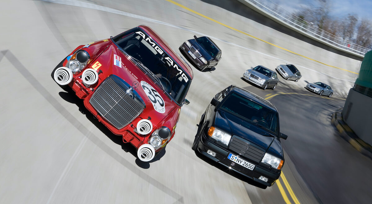 The Mercedes Red Pig racing around a track.