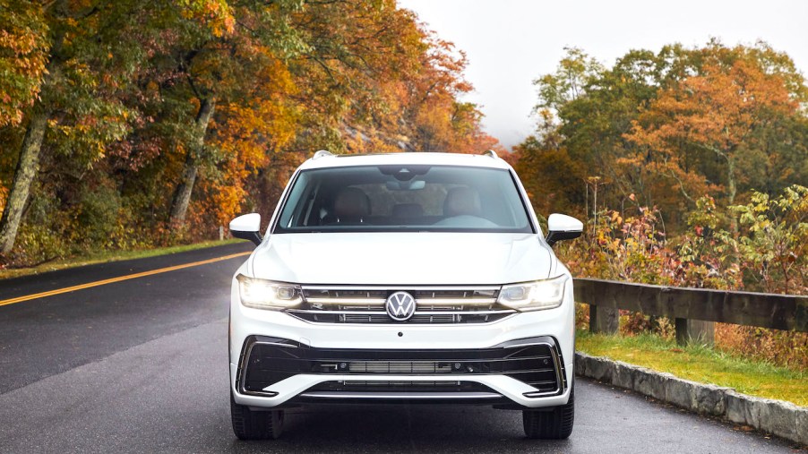 The front grille of a white Volkswagen Tiguan, one of the most popular Volkswagen models available.
