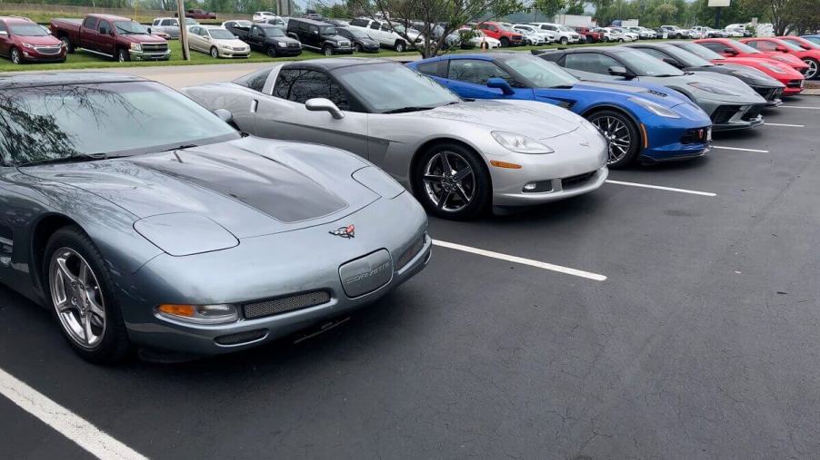 C7, C6, and C5 Chevy Corvettes line up at the National Corvette Museum.
