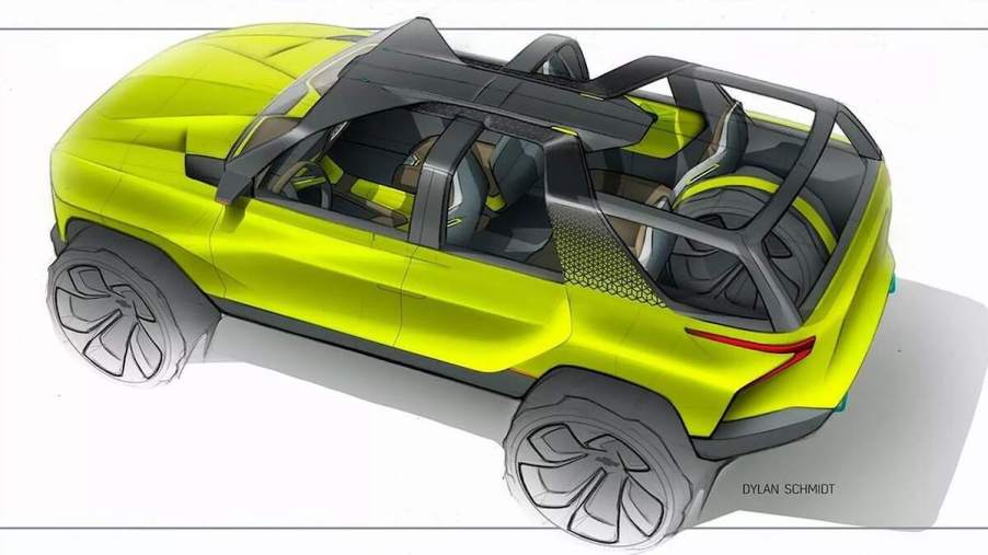 Rendering of a lime-green Ford Bronco-fighting Chevy SUV