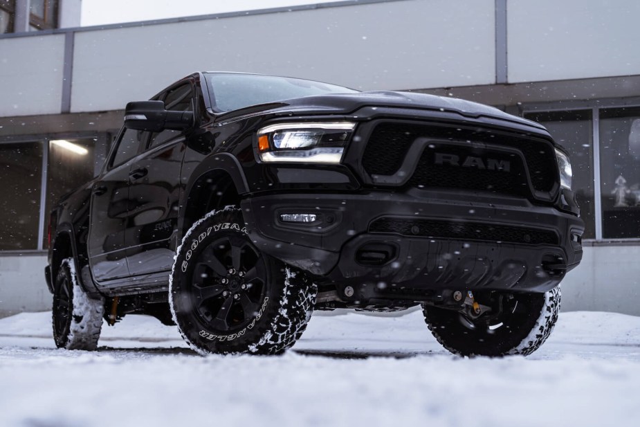 A black Ram 1500 in the snow