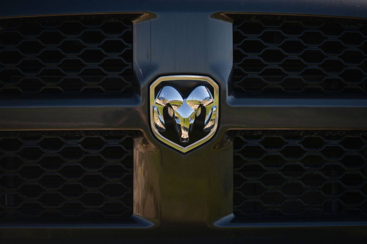A Ram logo on the front of a truck.